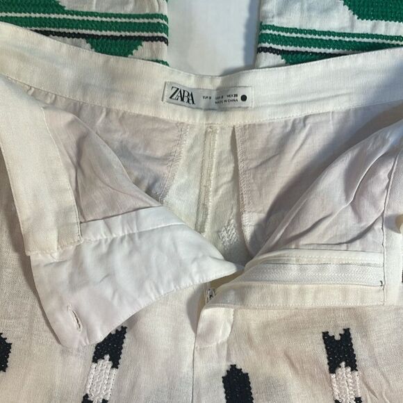 Zara Embroidered Linen Blend Pants White Green Aztec Design Pocket Blogger Fav S - Picture 8 of 16